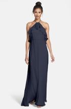 Women's Amsale Ruffle Crinkled Silk Chiffon Halter Gown - Blue