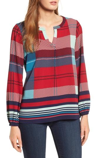Women's Chaus Banner Plaid Split Neck Top - Red