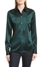 Women's Theory Perfect Fitted Stretch Satin Shirt - Green