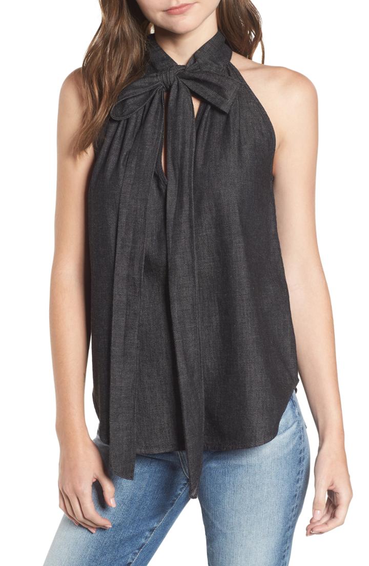 Women's Ag Anouk Tie Neck Sleeveless Cotton Denim Blouse - Grey