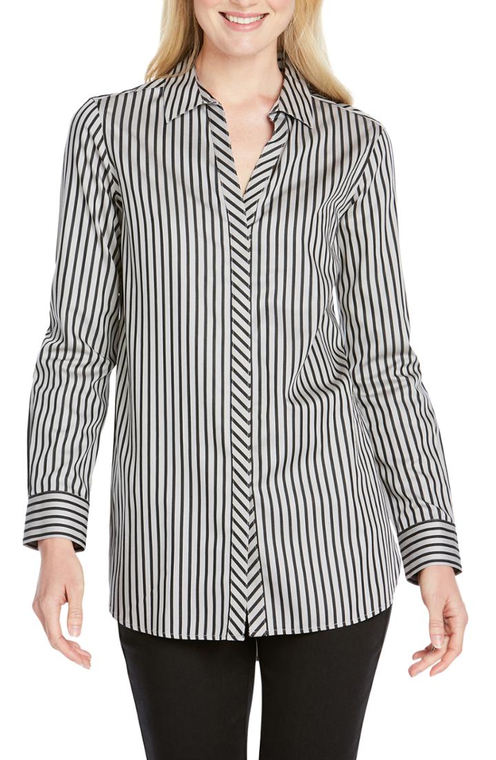 Women's Foxcroft Vera Holiday Stripe Tunic Shirt - Grey