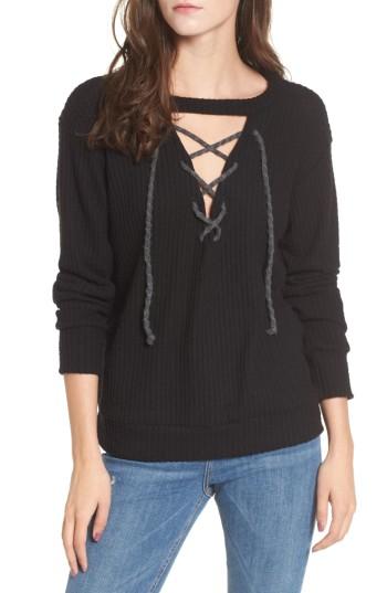 Women's Lna Lace-up Waffle Knit Sweater - Black