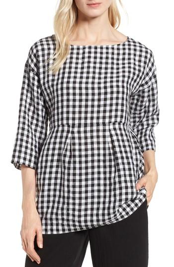 Women's Eileen Fisher Gingham Organic Linen Top, Size - Black