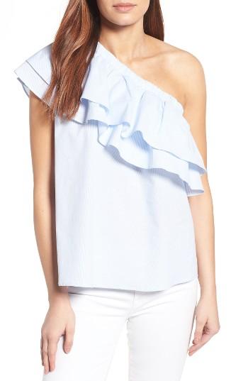 Petite Women's Halogen One-shoulder Cotton Poplin Top, Size P - Blue