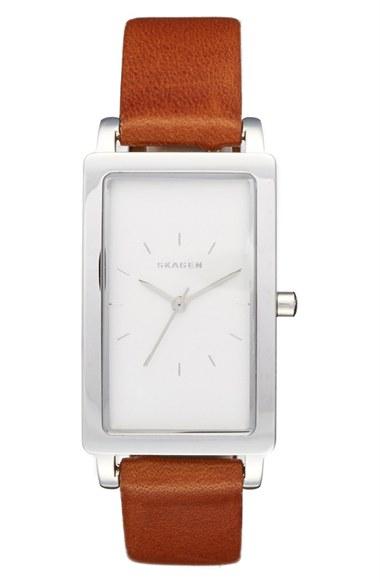 Women's Skagen 'hagen' Leather Strap Watch, 22mm X 43mm