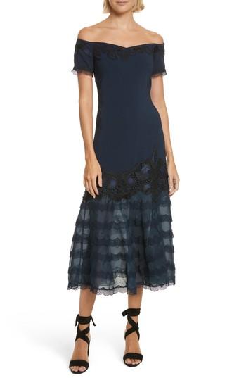 Women's Jonathan Simkhai Lace Applique Crepe Off The Shoulder Trumpet Dress