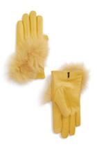 Women's Echo Lambskin Leather Touchscreen Gloves With Genuine Fox Fur Trim - Green