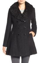 Women's Guess Boucle Fit & Flare Coat With Faux Fur Collar - Black