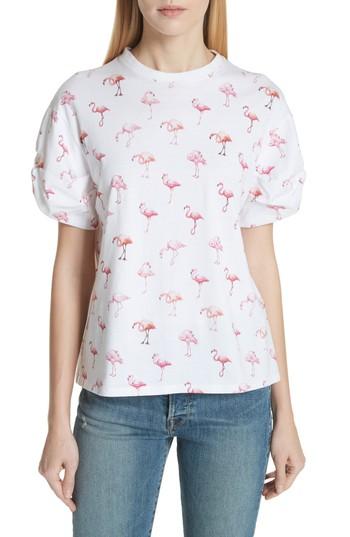 Women's Victoria, Victoria Beckham Puff Sleeve Flamingo Print Tee - White