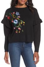 Women's Woven Heart Ruffle Sleeve Embroidered Sweater - Black