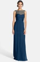 Women's Amsale Illusion Yoke Crinkled Silk Chiffon Gown - Blue