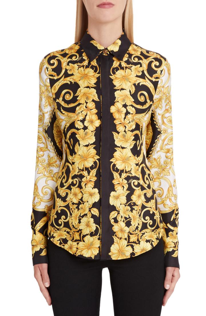 Women's Versace First Line Hibiscus Print Silk Shirt