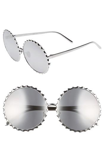 Women's Linda Farrow 59mm Mirrored 18 Karat Gold Trim Round Sunglasses - White Gold/ Platinum