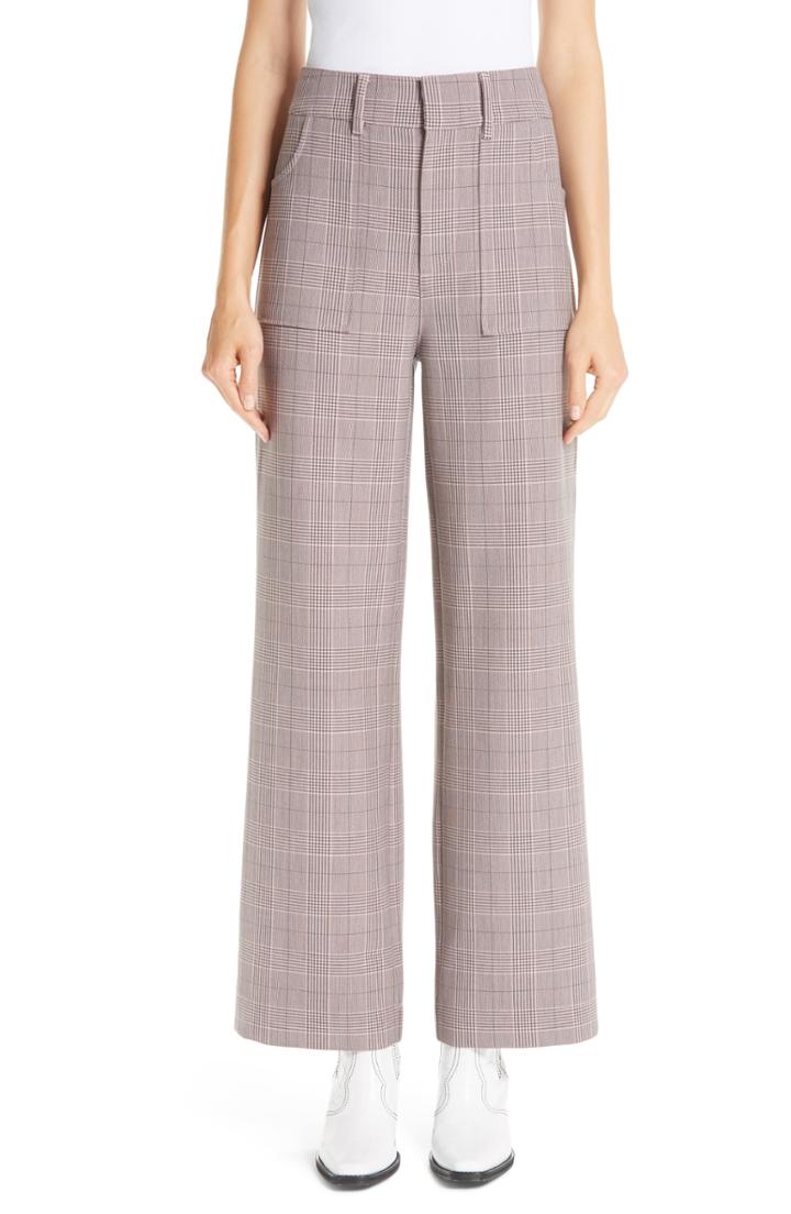 Women's Ganni Hewitt Glen Plaid Wide Leg Suiting Pants Us / 34 Eu - Pink