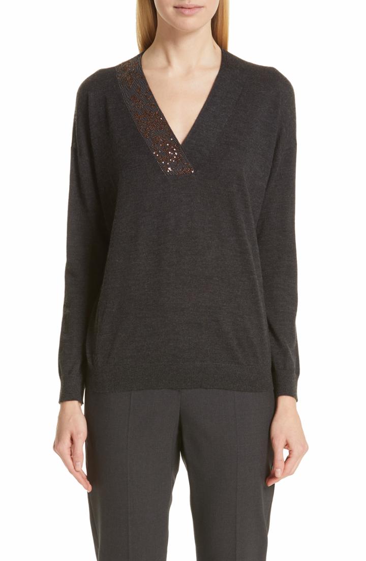 Women's Brunello Cucinelli Monili & Sequin Embellished Cashmere & Silk Sweater - Grey