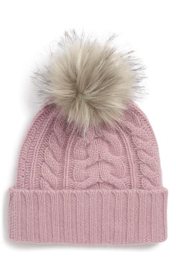 Women's Halogen Cashmere Cable Knit Beanie With Faux Fur Pom - Purple