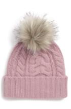 Women's Halogen Cashmere Cable Knit Beanie With Faux Fur Pom - Purple