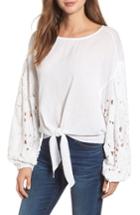 Women's Kas New York Tie Front Cut Floral Sleeve Cotton Blouse - White