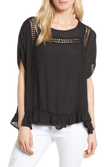 Women's Bobeau Ruffle Hem Gauze Poncho Top - Black