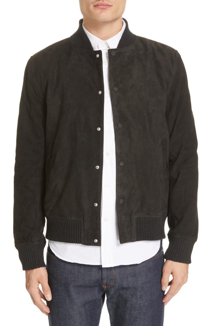 Men's Officine Generale Suede Bomber Jacket - Black