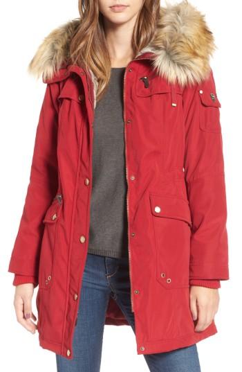 Women's 1 Madison Anorak Parka With Faux Fur Trim - Red