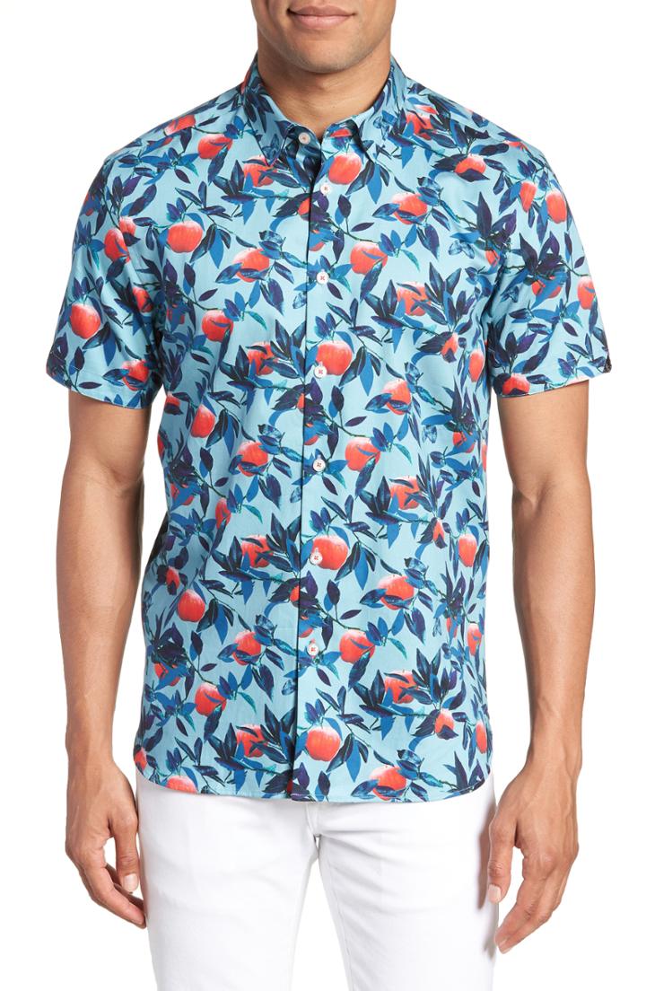 Men's Ted Baker London Trim Fit Apple Print Short Sleeve Sport Shirt (m) - Blue