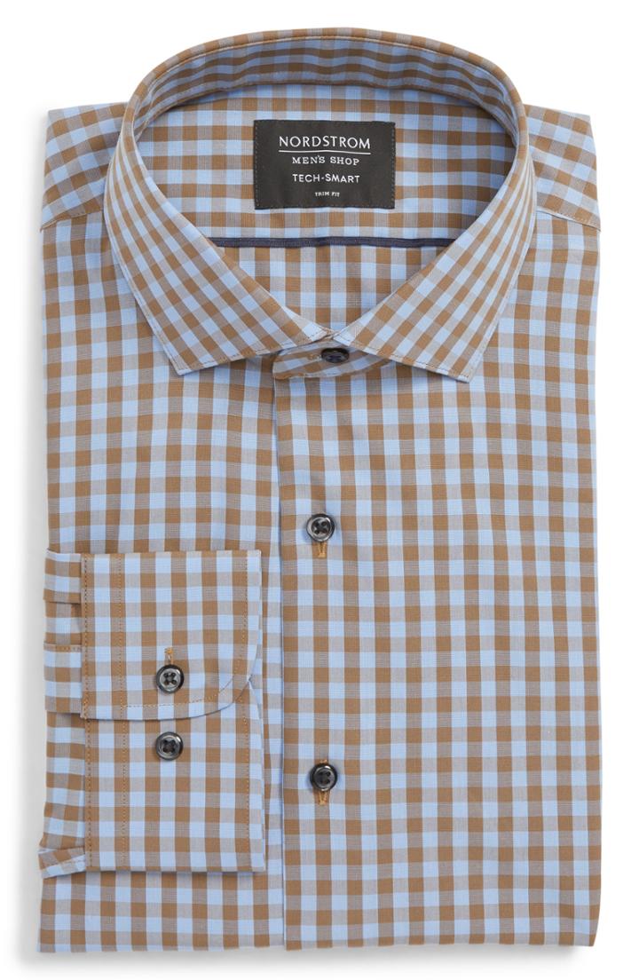 Men's Nordstrom Men's Shop Tech-smart Trim Fit Stretch Check Dress Shirt .5 - 32/33 - Brown