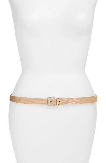Women's Kate Spade New York Reversible Skinny Textured Calfskin Leather Belt, Size Small - Biscotto/ Gold / Pale Pol Gold