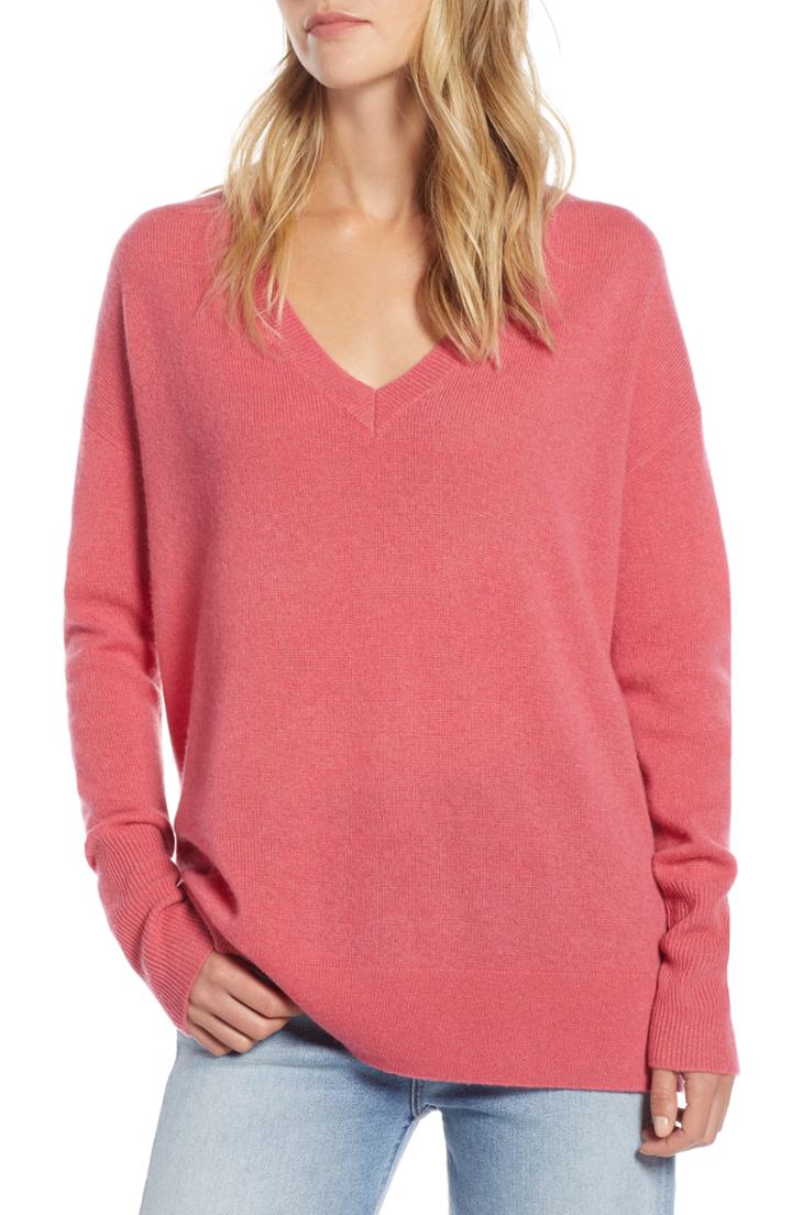 Women's Halogen Relaxed V-neck Cashmere Sweater - Pink