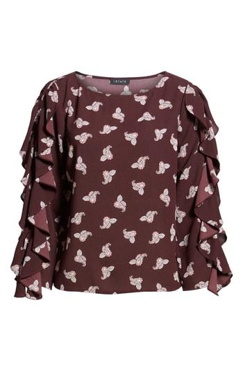 Women's 1.state Paisley Petals Ruffle Slit Sleeve Top, Size - Burgundy