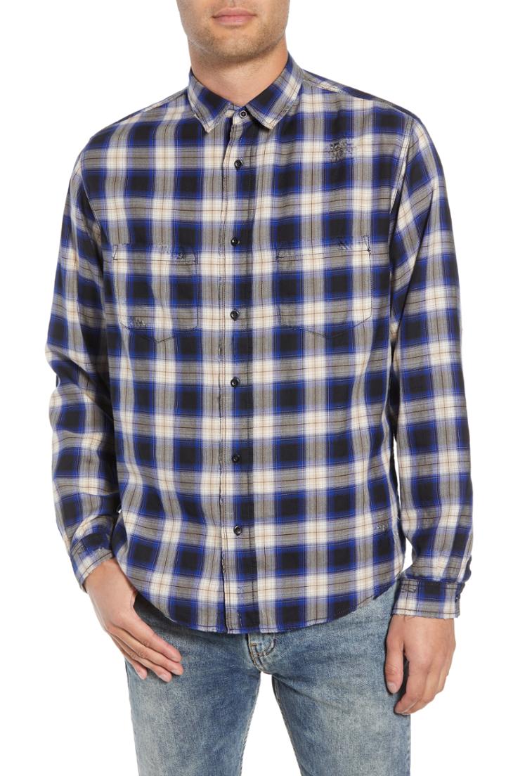 Men's The Kooples Classic Fit Distressed Plaid Shirt - Blue