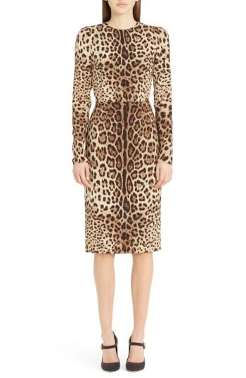 Women's Dolce & Gabbana Leopard Print Stretch Silk Sheath Dress Us / 42 It - Brown