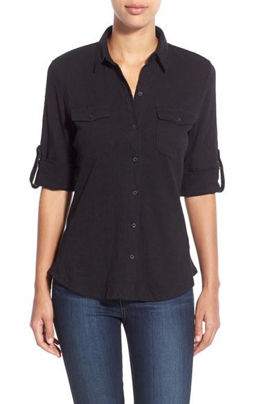 Women's Caslon Roll Sleeve Cotton Knit Shirt - Black