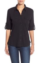 Women's Caslon Roll Sleeve Cotton Knit Shirt - Black