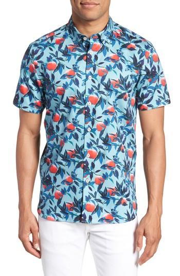 Men's Ted Baker London Trim Fit Apple Print Short Sleeve Sport Shirt (s) - Blue