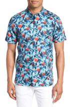 Men's Ted Baker London Trim Fit Apple Print Short Sleeve Sport Shirt (s) - Blue