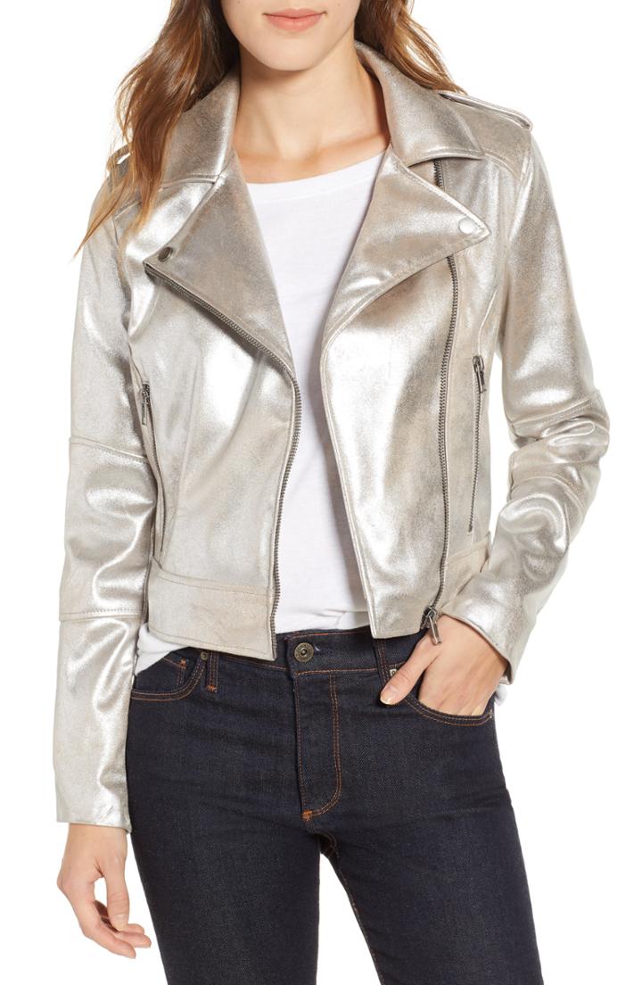 Women's Cupcakes And Cashmere Foiled Faux Suede Moto Jacket - Beige
