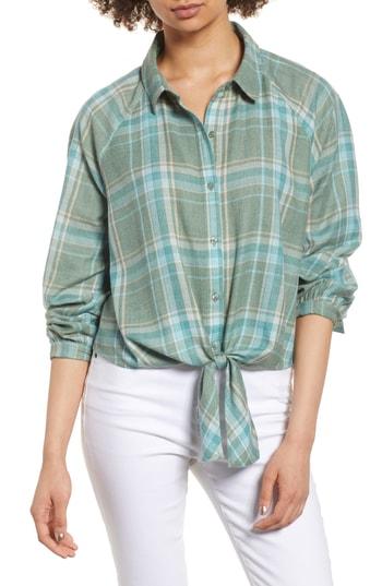 Women's Bp. Tie Front Plaid Shirt - Blue/green