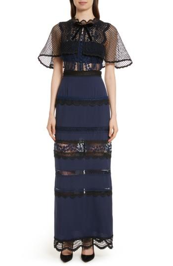 Women's Self-portrait Bellis Lace Cape Maxi Dress - Blue