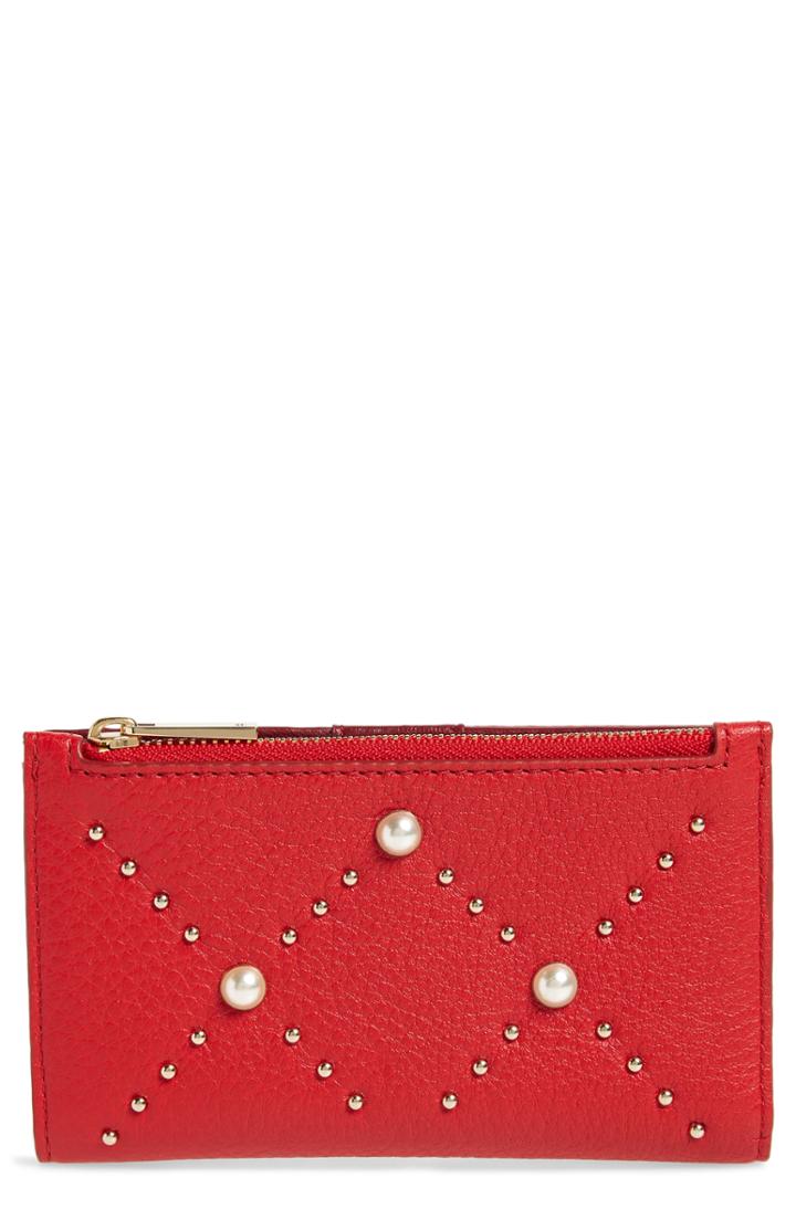 Women's Kate Spade New York Hayes Street - Mikey Imitation Pearl Studded Leather Wallet - Red