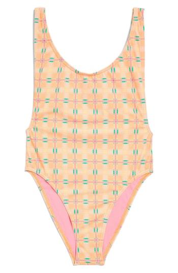 Women's Topshop Check Print One-piece Swimsuit Us (fits Like 0) - Orange