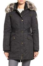 Women's French Connection Mixed Media Parka With Faux Fur Trim Hood - Black