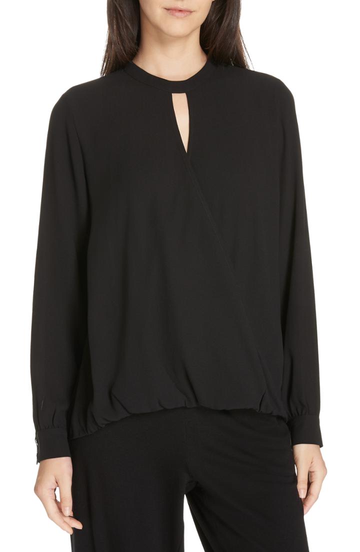Women's Eileen Fisher Faux Wrap Silk Blouse, Size - Black