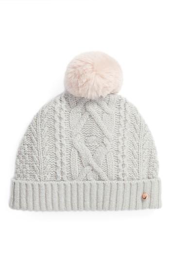 Women's Ted Baker London Cable Knit Faux Fur Pompom Beanie - Grey