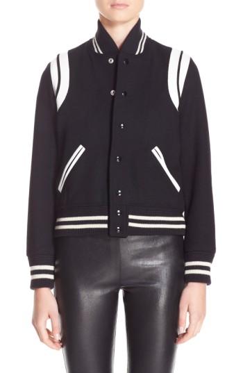 Women's Saint Laurent 'teddy' White Leather Trim Bomber Jacket Us / 42 Fr - Beige