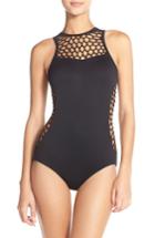 Women's Seafolly 'mesh About' High Neck One-piece Swimsuit Us / 10 Au - Black