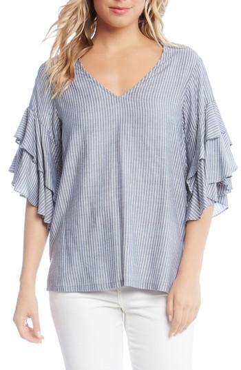Women's Karen Kane Ruffled Stripe Chambray Top - Grey