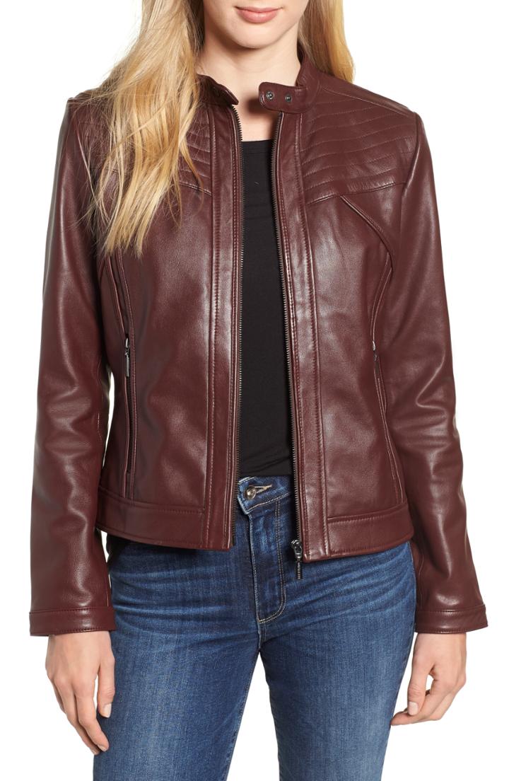 Women's Bernardo Stitched Leather Jacket - Burgundy