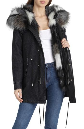 Women's Avec Les Filles Faux Fur Trim Denim Parka - Grey
