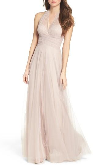 Women's Wtoo Halter Tulle A-line Gown - Beige